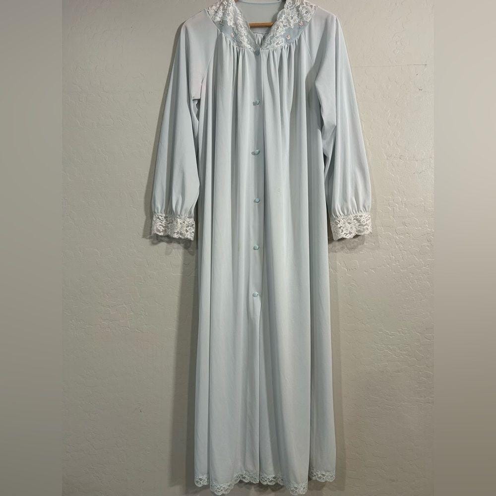 Vintage Shadowline Baby Blue Lace Trim Nylon Robe Small Long Grannycore Lingerie